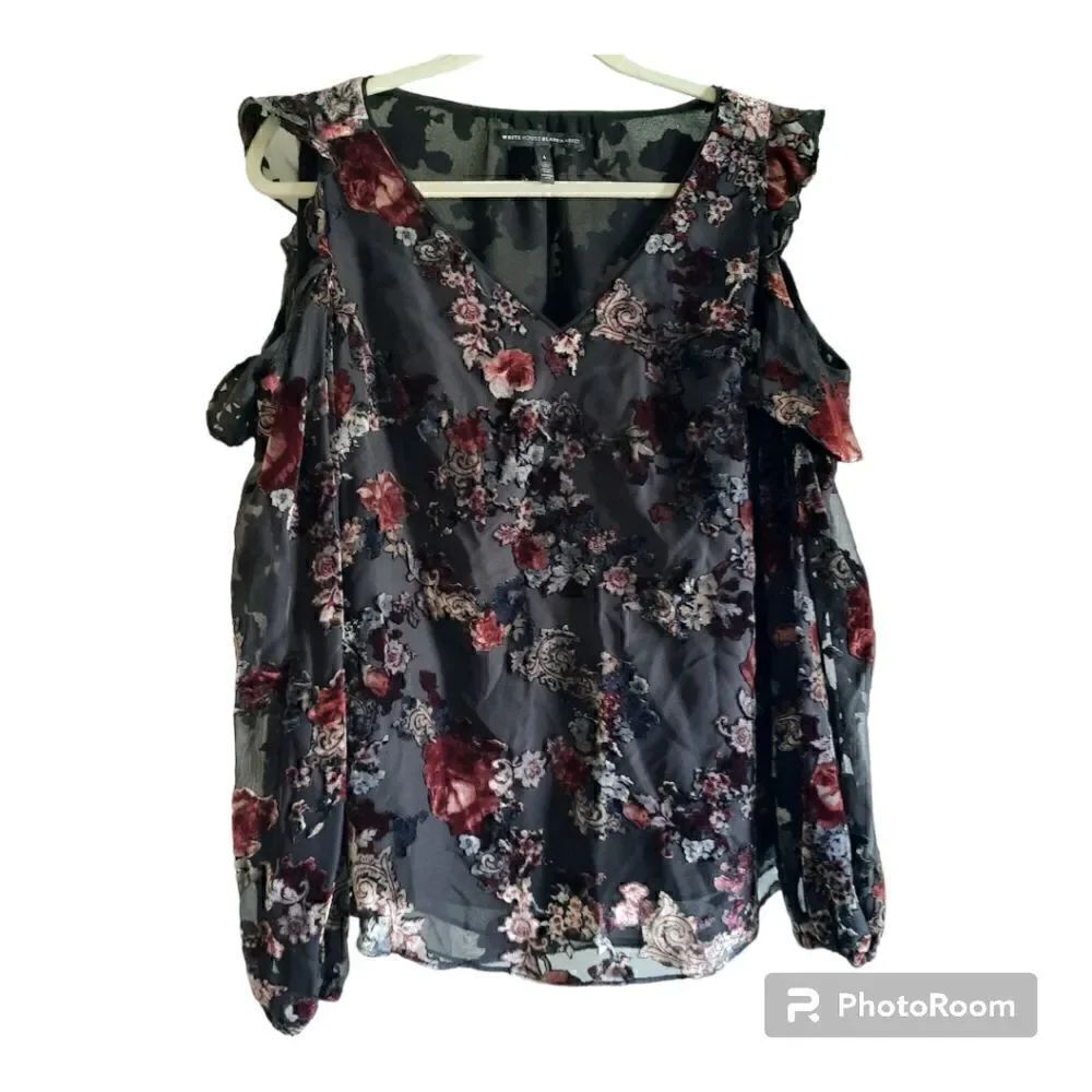 White House Black Market Floral Velvet Burnout Cold-Shoulder Blouse